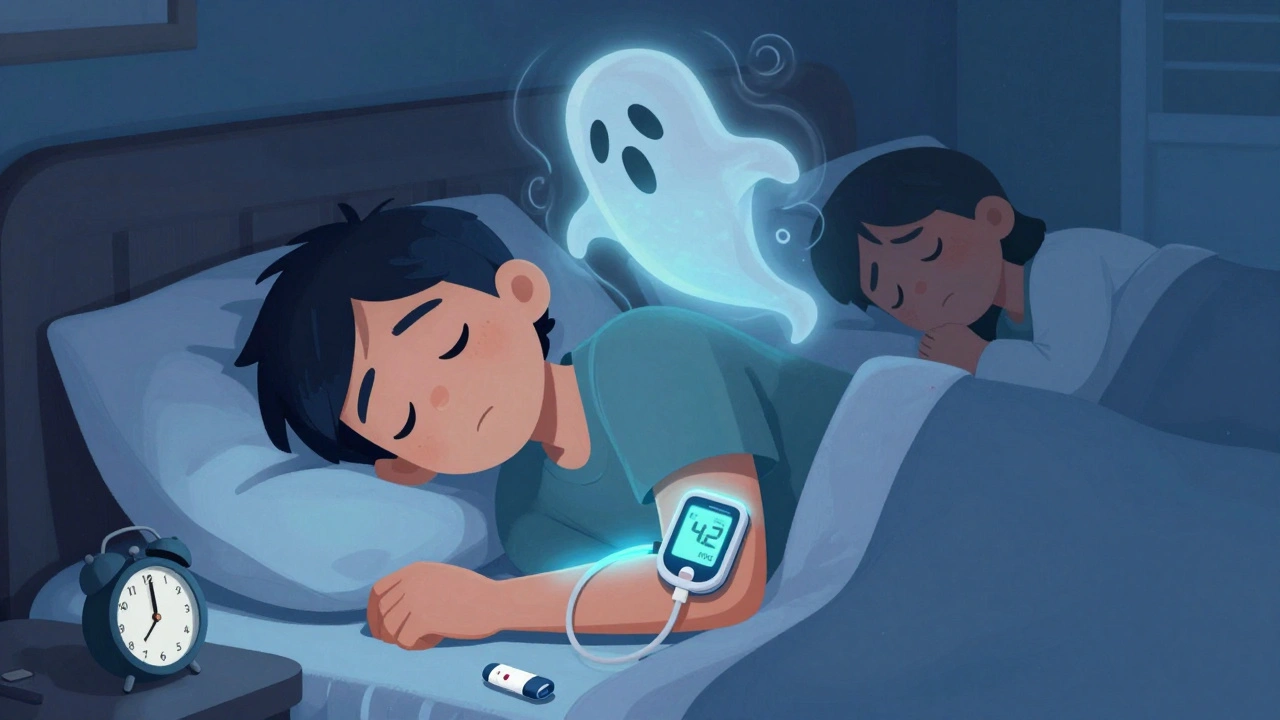 Person sleeping with a CGM showing dangerously low blood sugar, alcohol smoke above, alarm at 2 a.m., glucose tab out of reach.