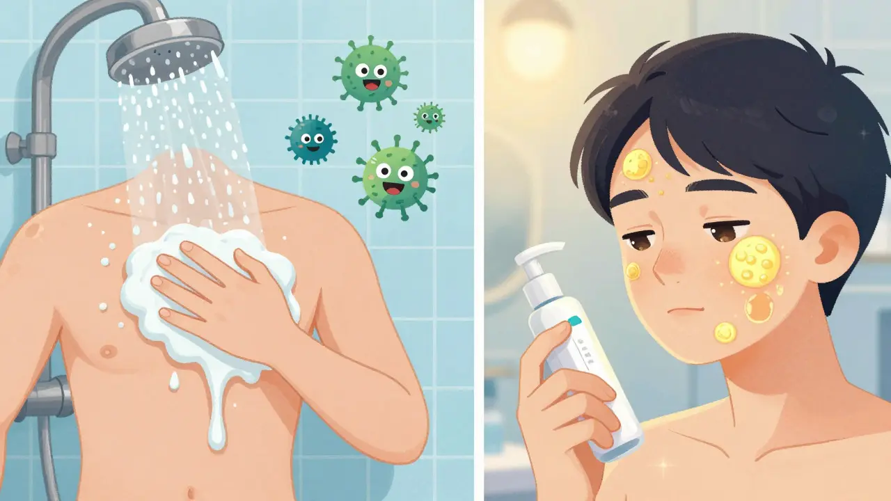 Person using ketoconazole shampoo in shower while fungal spores disappear, tretinoin cream applied at night.