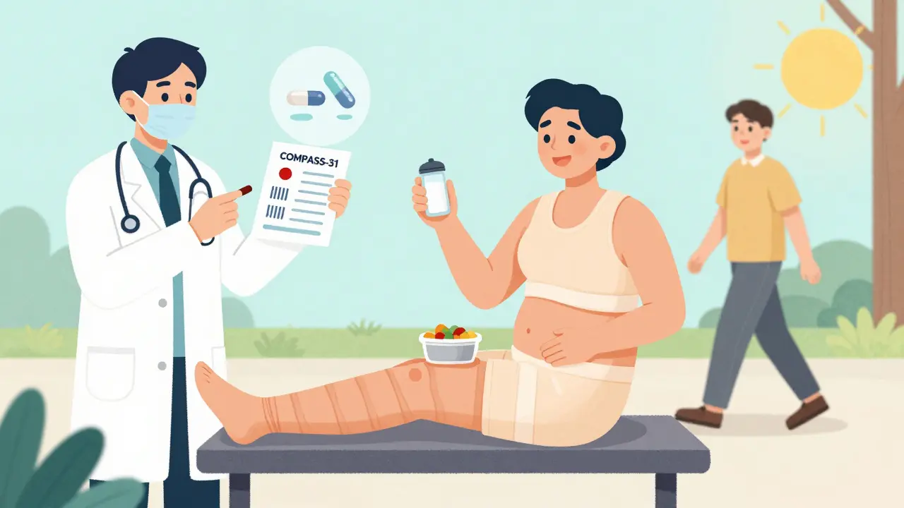 Person wearing compression gear eating small meals, with doctor using diagnostic tools in background.