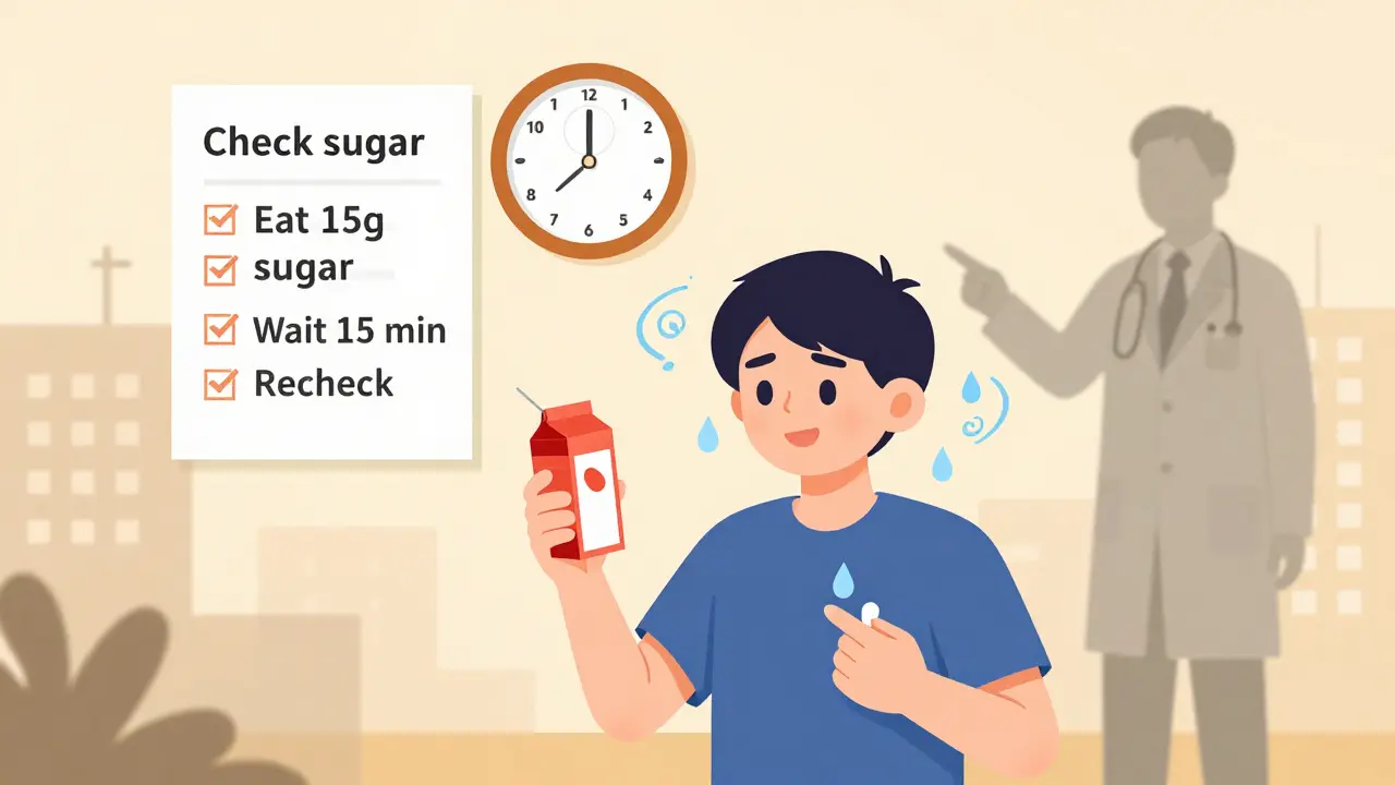 Person with hypoglycemia using the 15-15 rule, holding juice and glucose tablets with a clock showing time intervals.