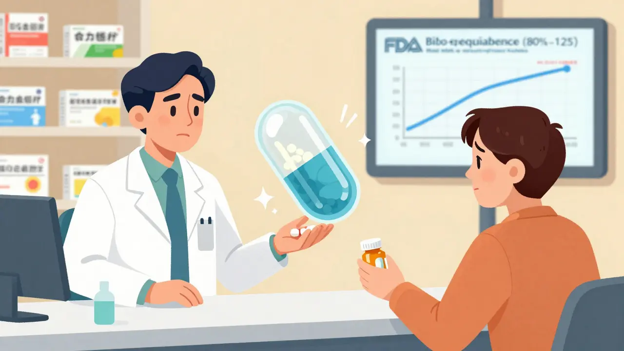 Pharmacist giving a pill to a patient while a transparent pill reveals inactive ingredients causing small reactions.