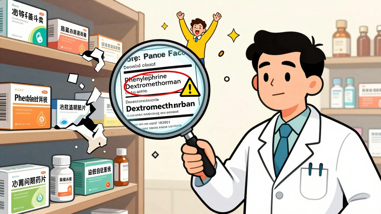 Pharmacist pointing out unsafe ingredients on a medicine label while ineffective products crumble.