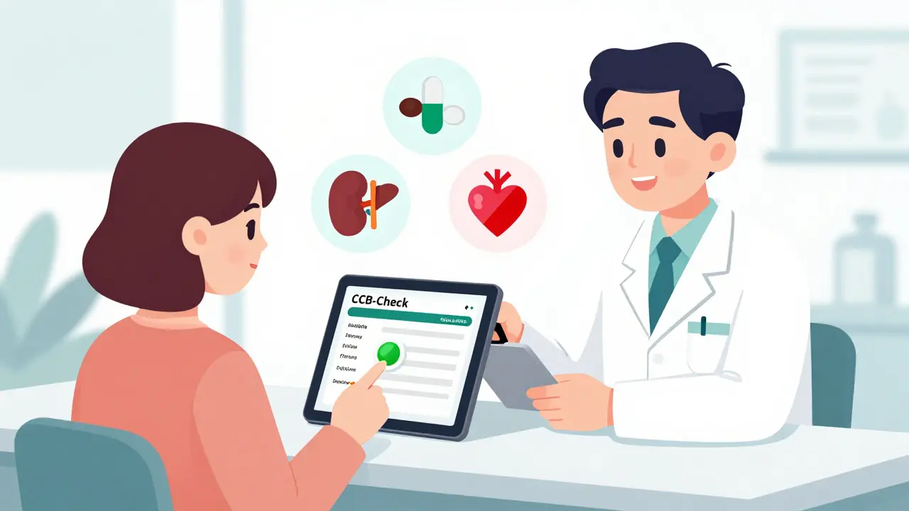 Pharmacist using a digital tool to check drug interactions, with color-coded medication icons.