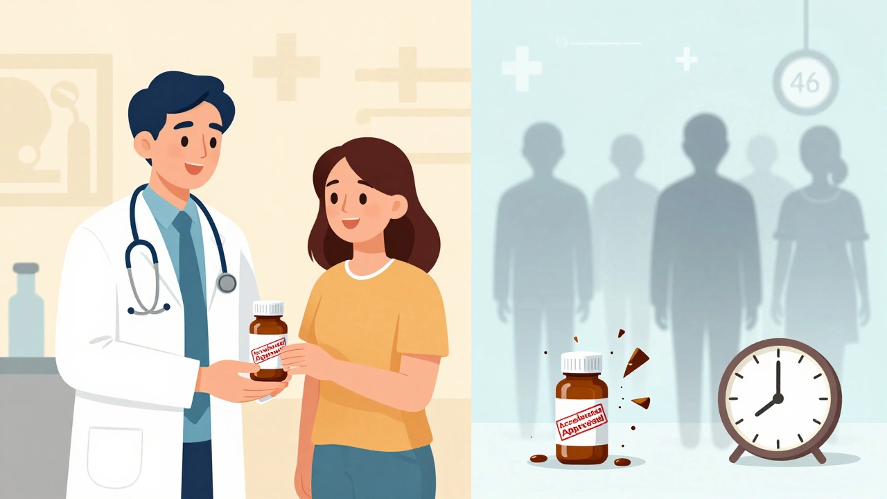 Split illustration: a hopeful cancer treatment scene transforming into a shattered drug and passing time.