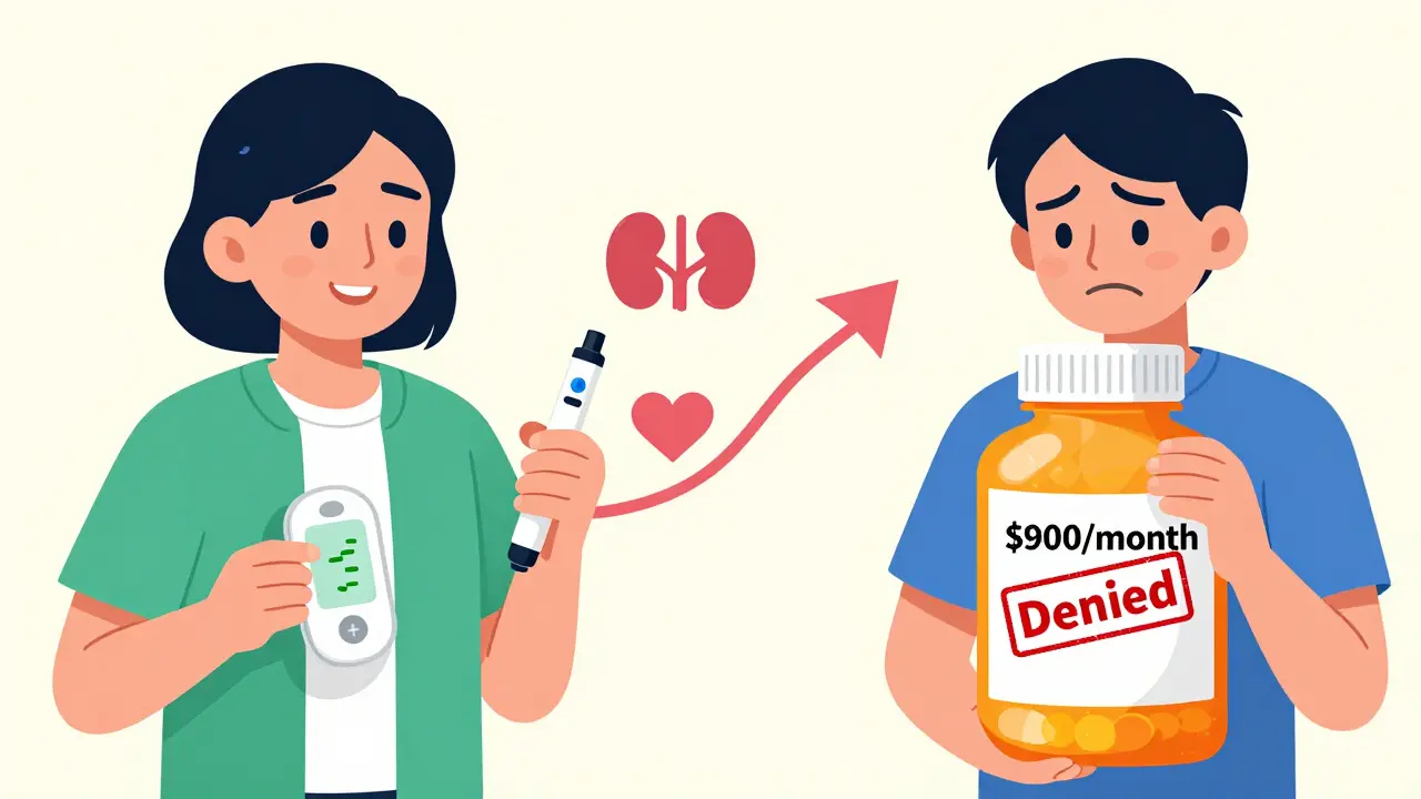 Split image: person empowered with modern diabetes tools vs. same person burdened by expensive medication and insurance denial.