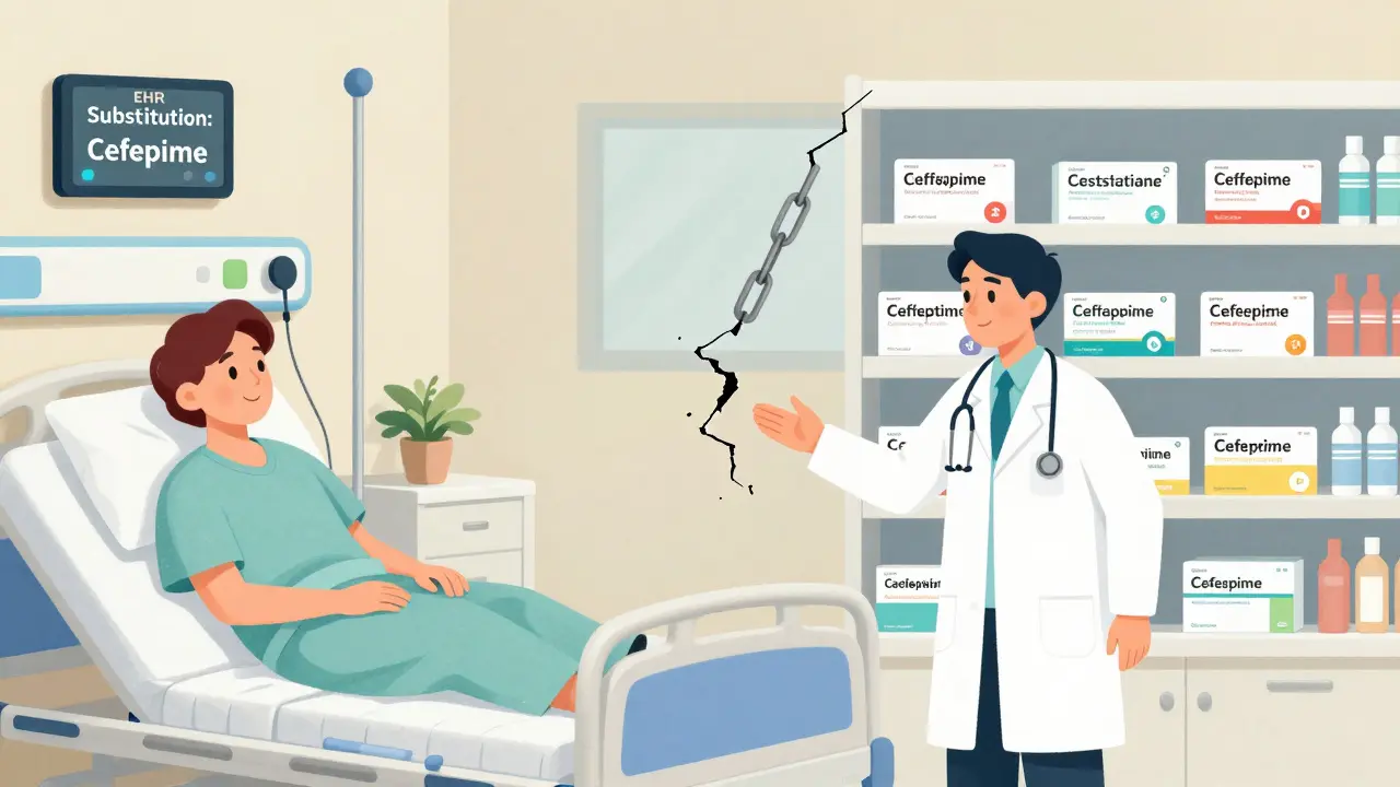 Split scene of hospital and retail pharmacy with broken chain between them, symbolizing medication substitution gaps during patient transition.