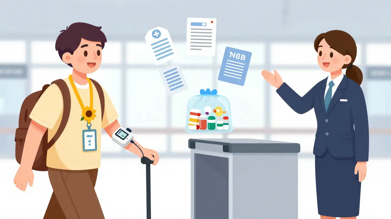 Traveler with sunflower lanyard passing through airport security with medical devices, TSA agent assisting kindly.