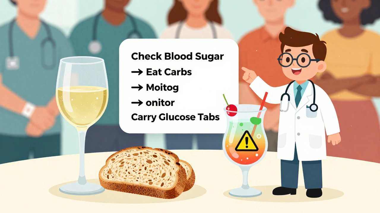 Two drinks side by side—safe vs. risky—with doctor guiding safe diabetes drinking steps and medical IDs visible.