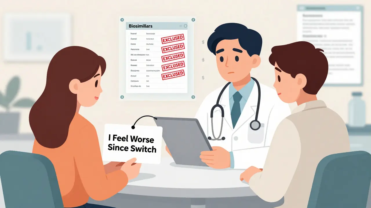 A doctor and patient reviewing a formulary list with excluded drugs, the patient showing signs of feeling worse after a switch.