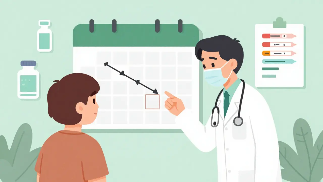 A doctor and patient reviewing a tapering plan with icons of monitoring tools and gradual dose reductions.