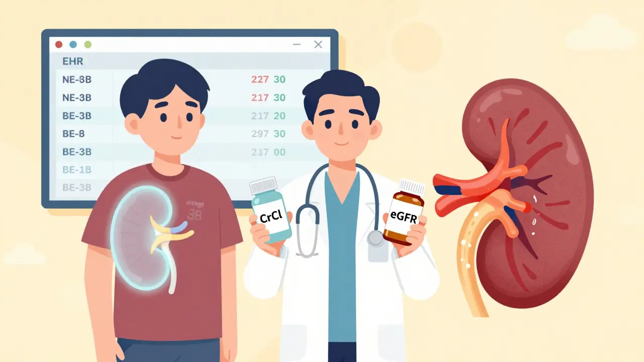 A doctor comparing two kidney function formulas while two patients with different kidney health statuses stand beside them.
