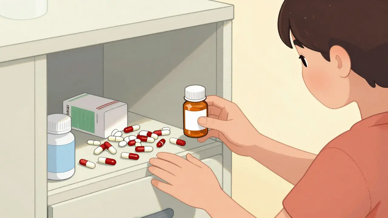 A medicine cabinet filled with unused opioid pills as a teen reaches for them, highlighting diversion risks.