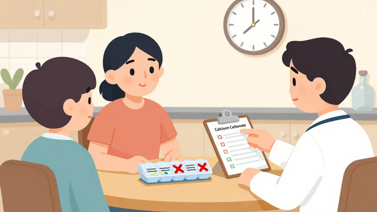 A patient at a kitchen table with labeled antacids marked by red Xs and a blood test showing high mineral levels.