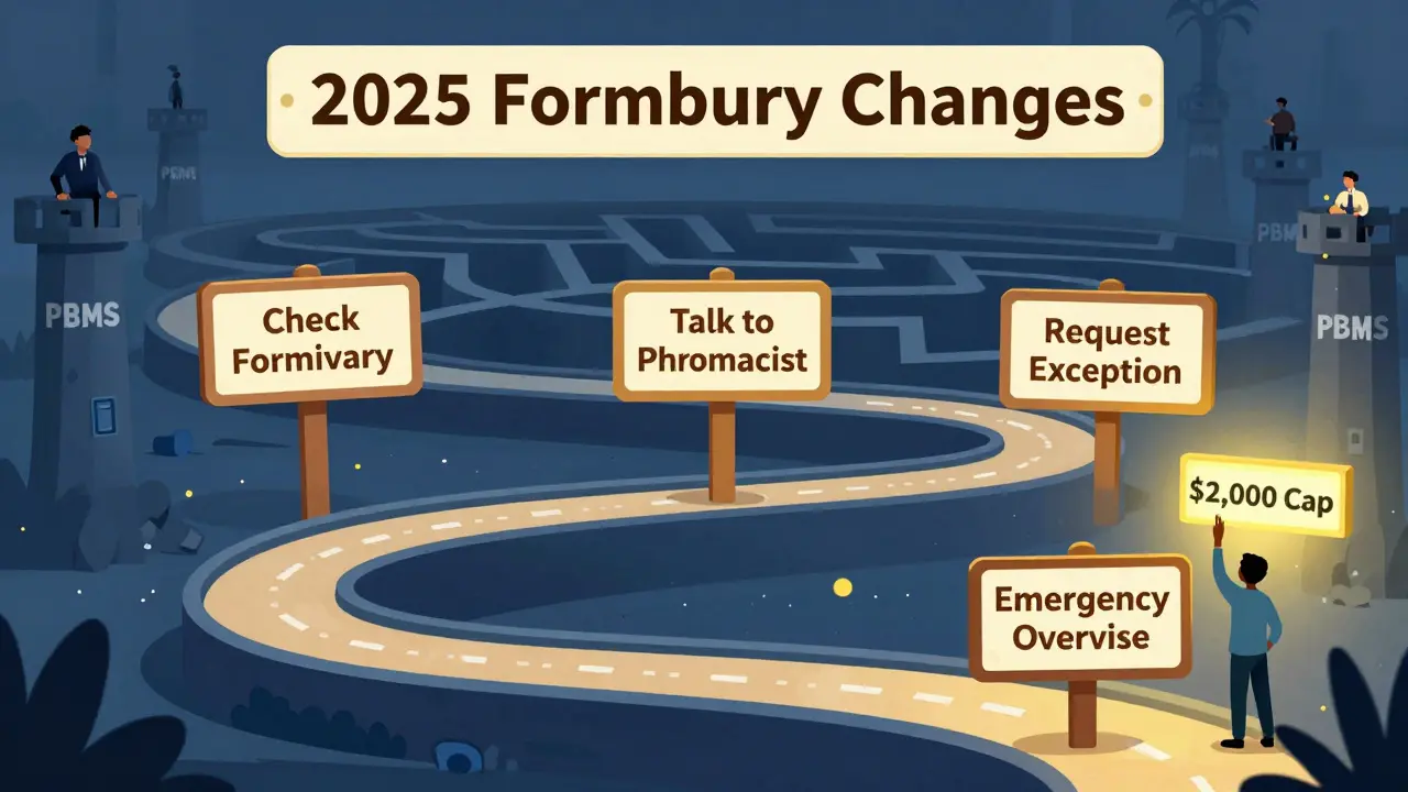 A patient navigating a maze of formulary steps toward a ,000 out-of-pocket cap, with PBMs watching from above.