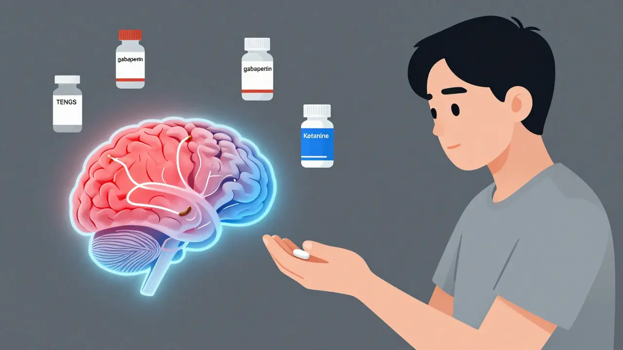 A person taking medication at night, with a brain diagram showing pain signals reducing.