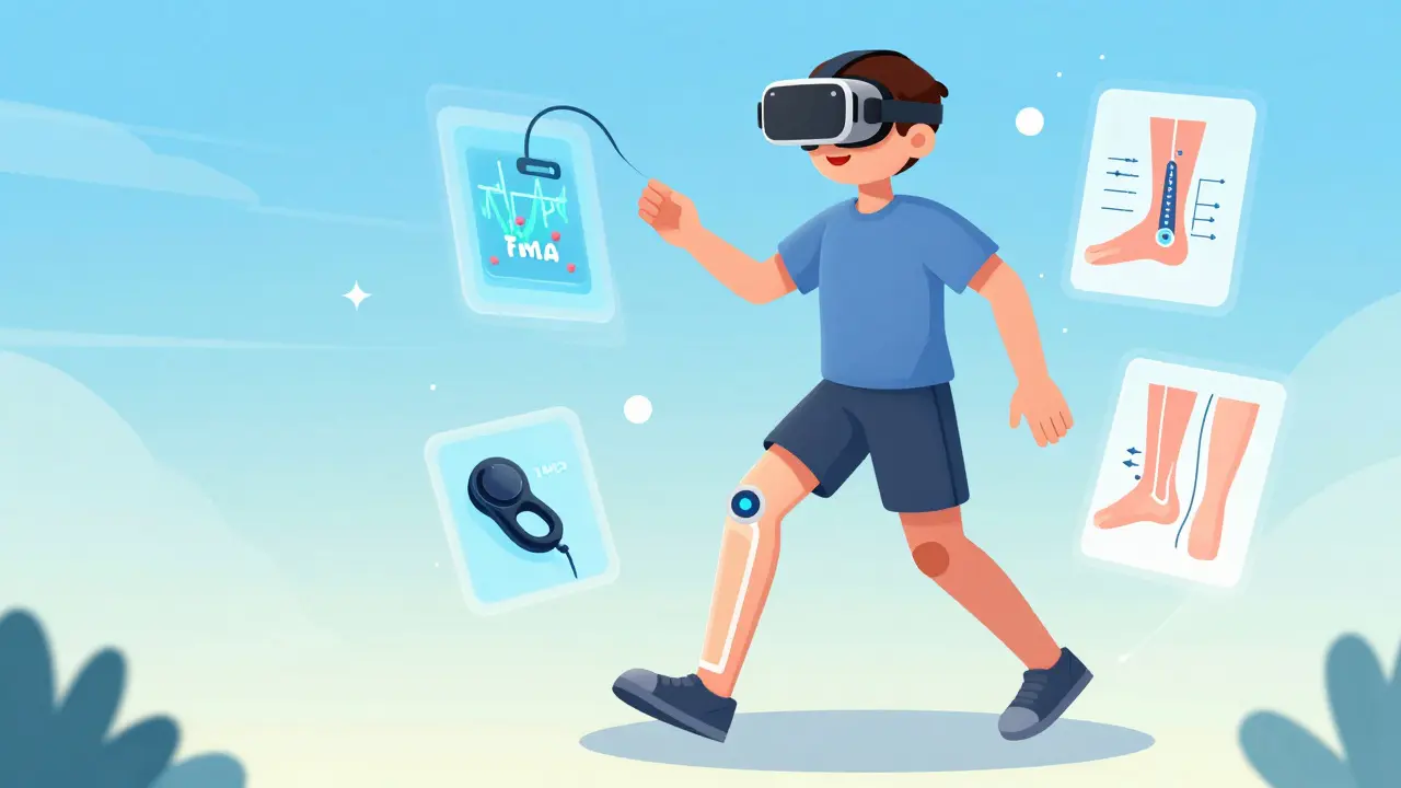 A person using virtual reality to move a digital phantom limb, with medical treatment icons around them.