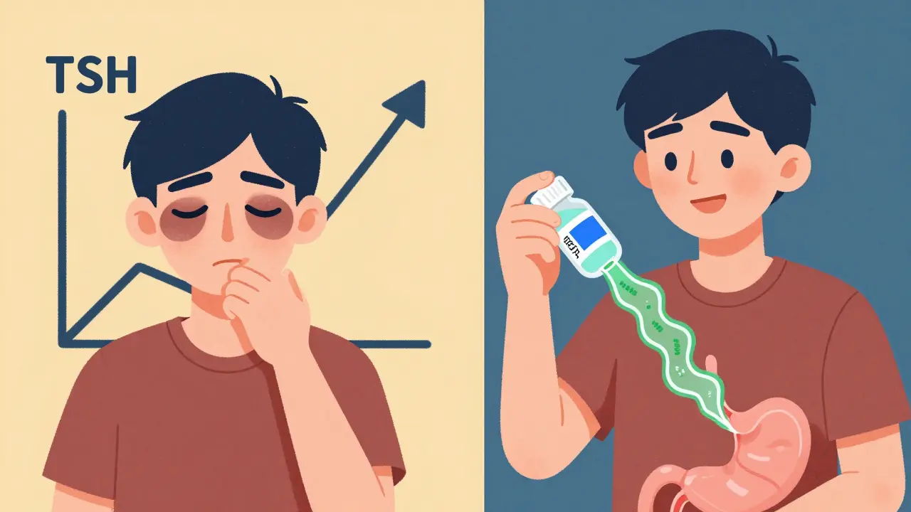 A person with rising TSH levels on one side and stable absorption on the other, using liquid levothyroxine.