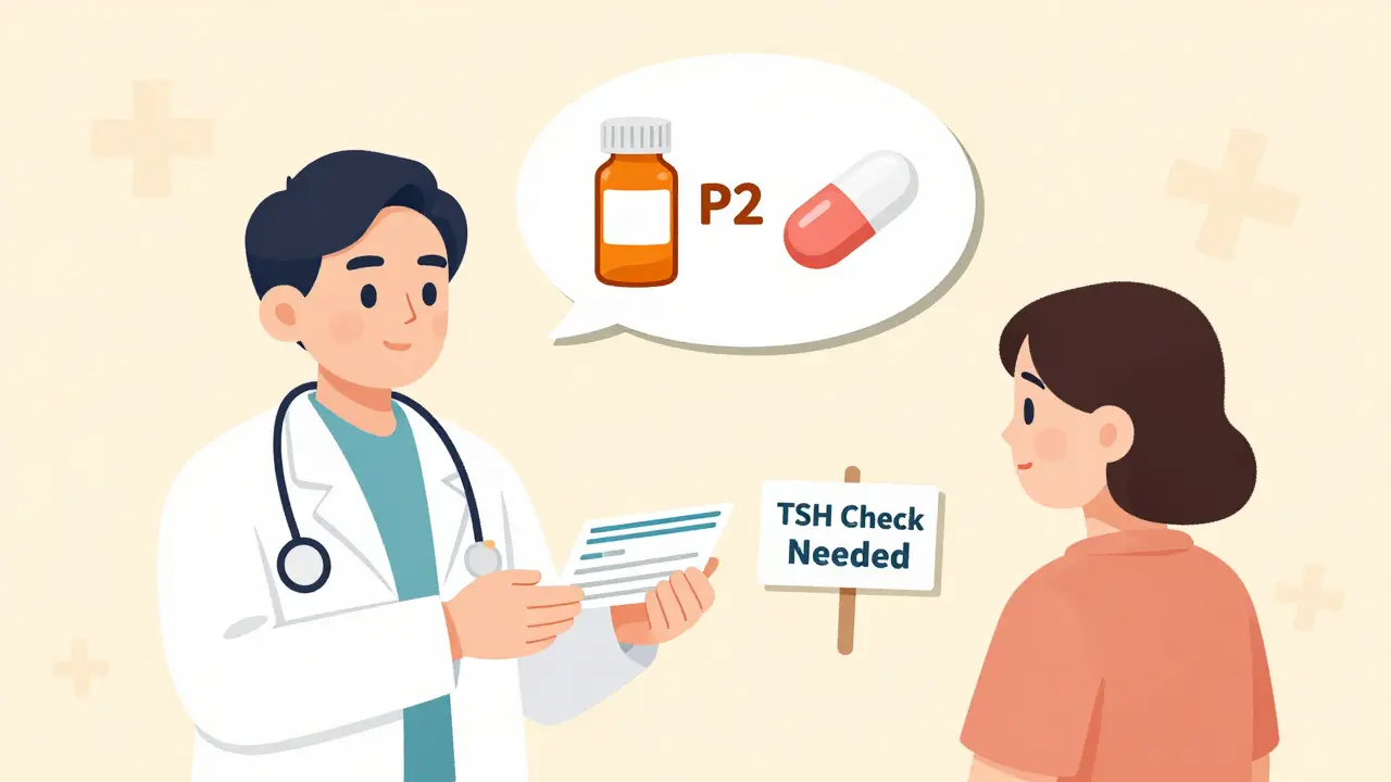 A pharmacist handing a prescription with a visual clash between thyroid and acid medications.