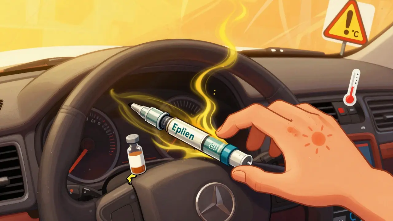 An EpiPen and insulin pen baking on a hot car seat with heat waves and warping mechanisms.
