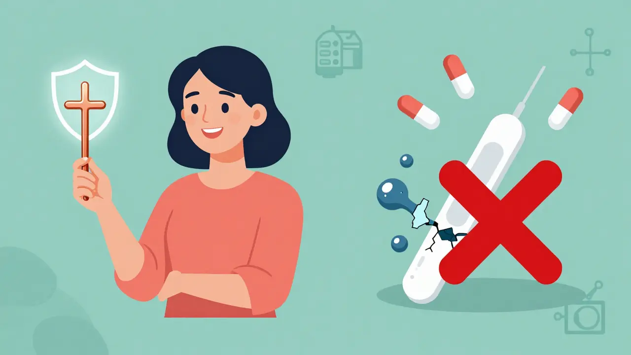 Copper IUD with shield next to crumbling hormonal IUD, illustrating safe vs unsafe options.