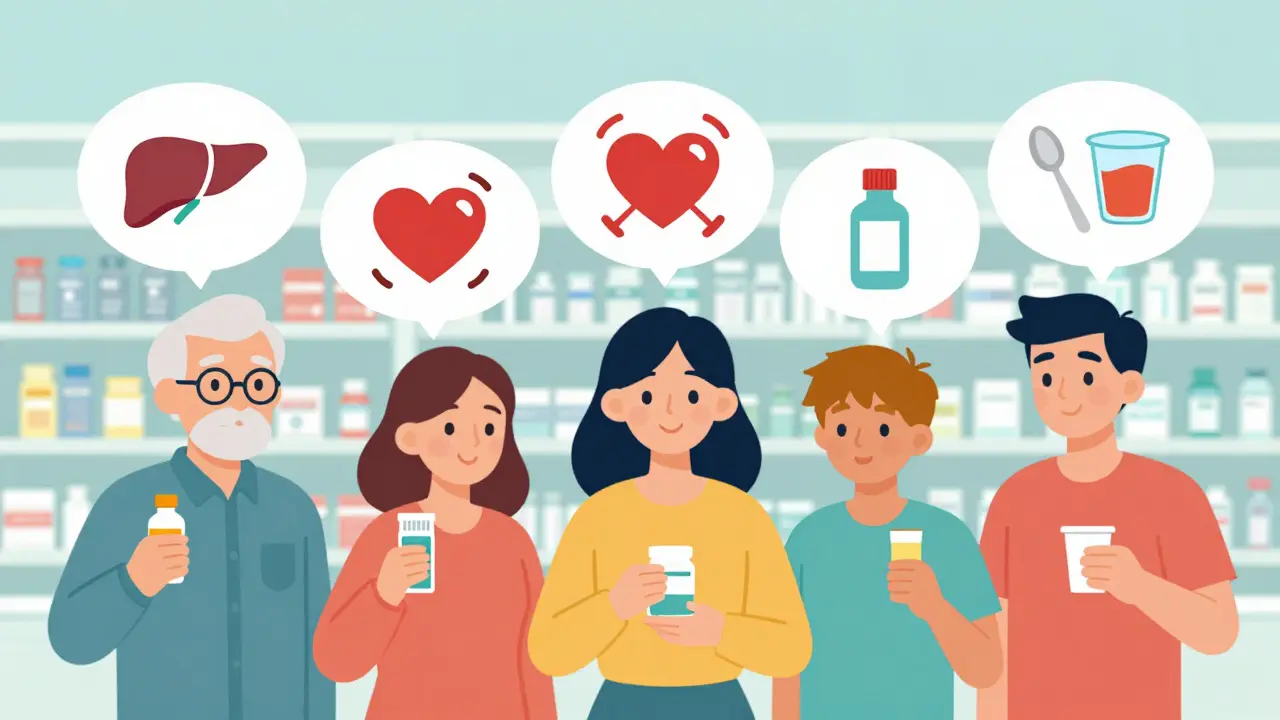 Diverse people holding OTC medicines with visual warning icons above them showing liver, heart, and child safety risks.