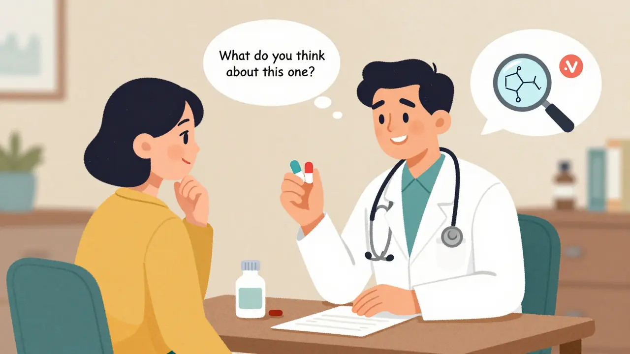 Doctor and patient discussing generic vs brand pills in a clinic, with thought bubbles showing scientific symbols.
