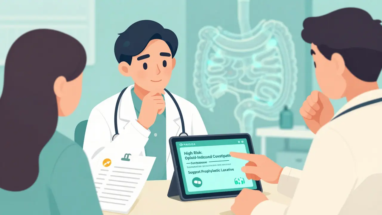 Doctor and patient reviewing AI alert about preventing constipation from opioids in clinic.