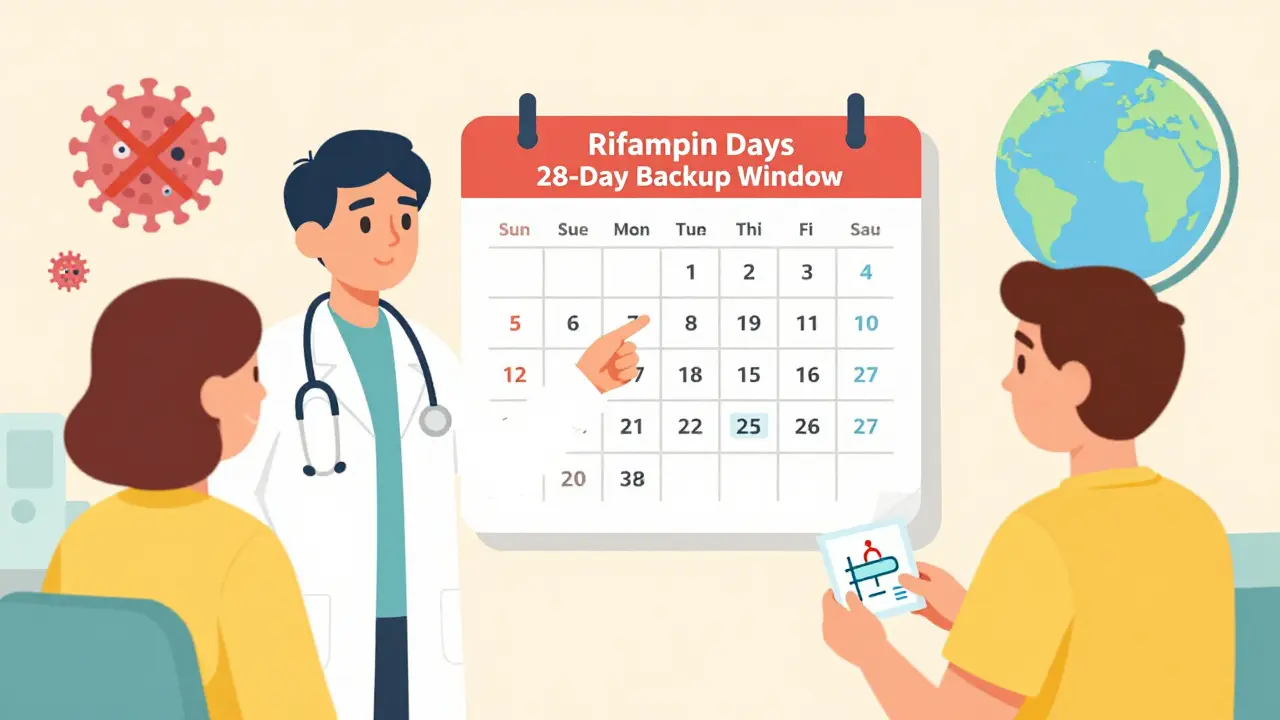 Doctor and patient reviewing calendar showing 28-day backup period after rifampin.