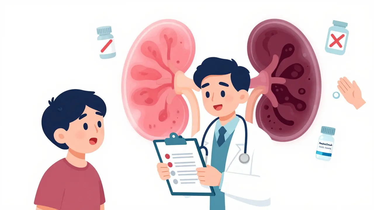 Doctor showing blood test results beside a kidney with healthy and damaged sides, featuring safe alternatives.