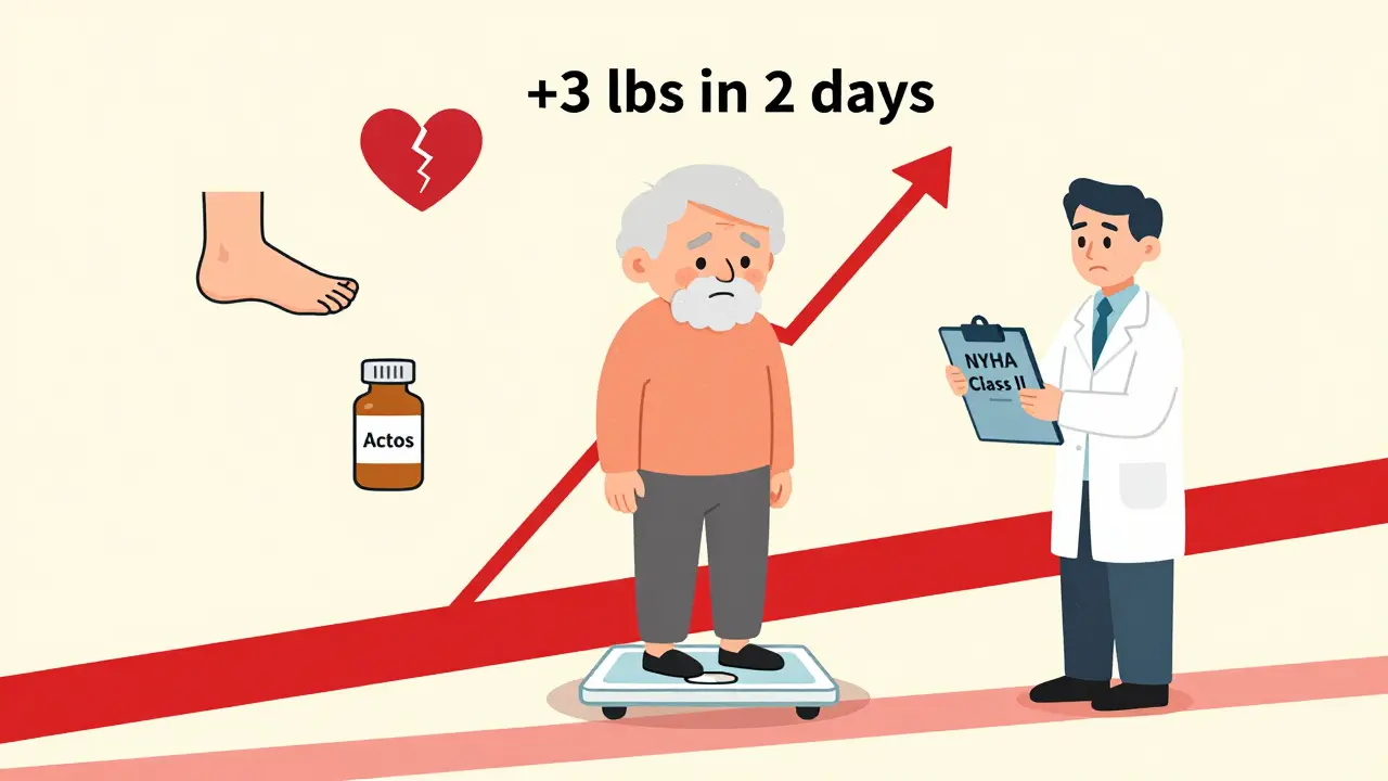Elderly patient on scale with rapid weight gain, surrounded by medical warning symbols for heart failure risk.