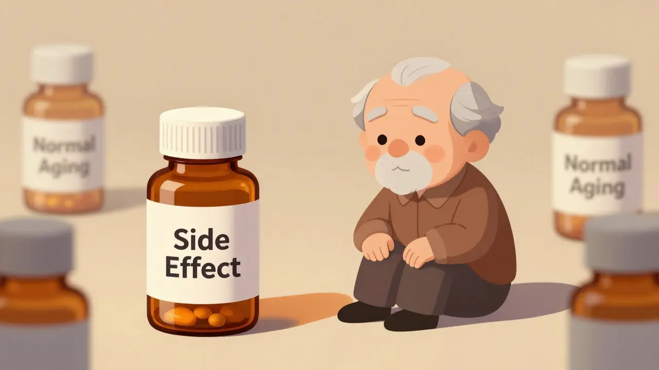 Elderly person surrounded by pills, with one causing memory loss and fatigue.