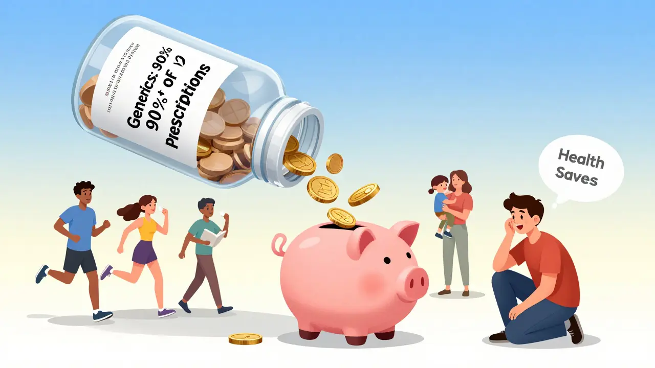 Giant generic pill bottle pouring money into a community piggy bank, diverse people taking pills happily in background.