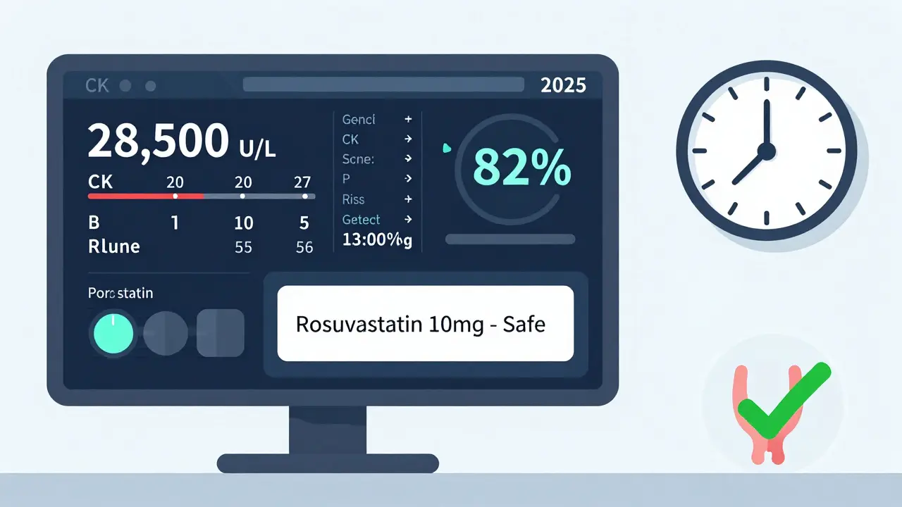 Medical dashboard displaying high CK levels, genetic risk score, and a recommended safe statin, with a glowing thyroid icon and 2025 timeline.
