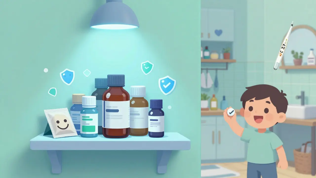 Medications safely stored on a cool bedroom shelf with a smiling desiccant packet and protective icons.
