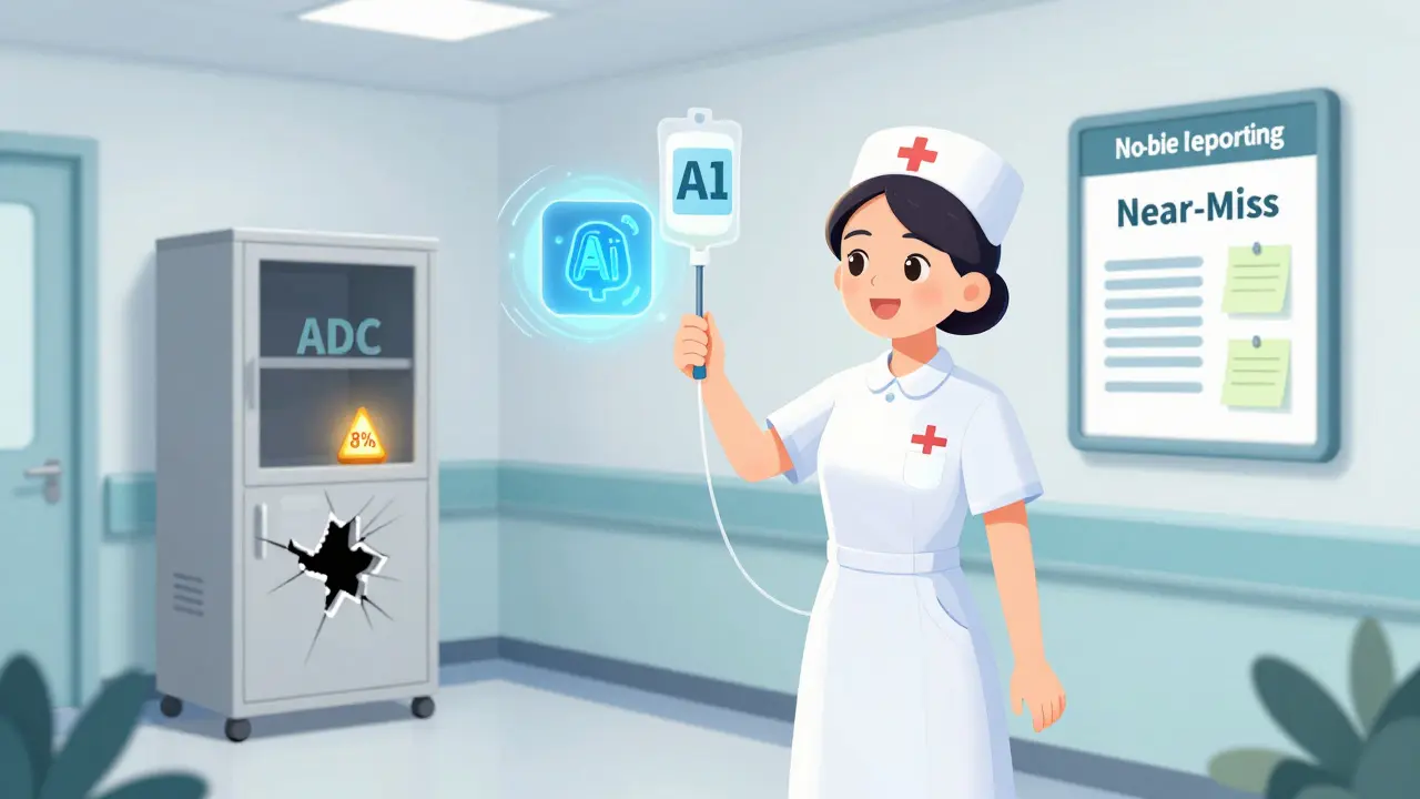 Nurse holding labeled IV bag with AI prediction icon, broken ADC cabinet with override warning, no-blame report box.