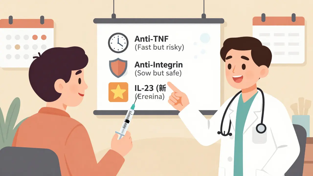 Patient and doctor comparing three IBD biologic treatment options on a visual chart.