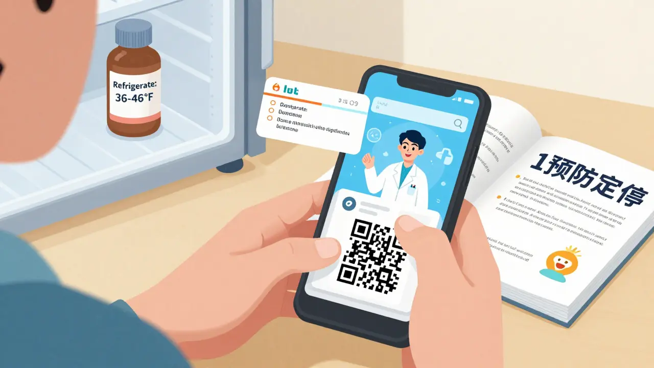 Person scanning QR code on prescription label, watching animated pharmacist explain medication use