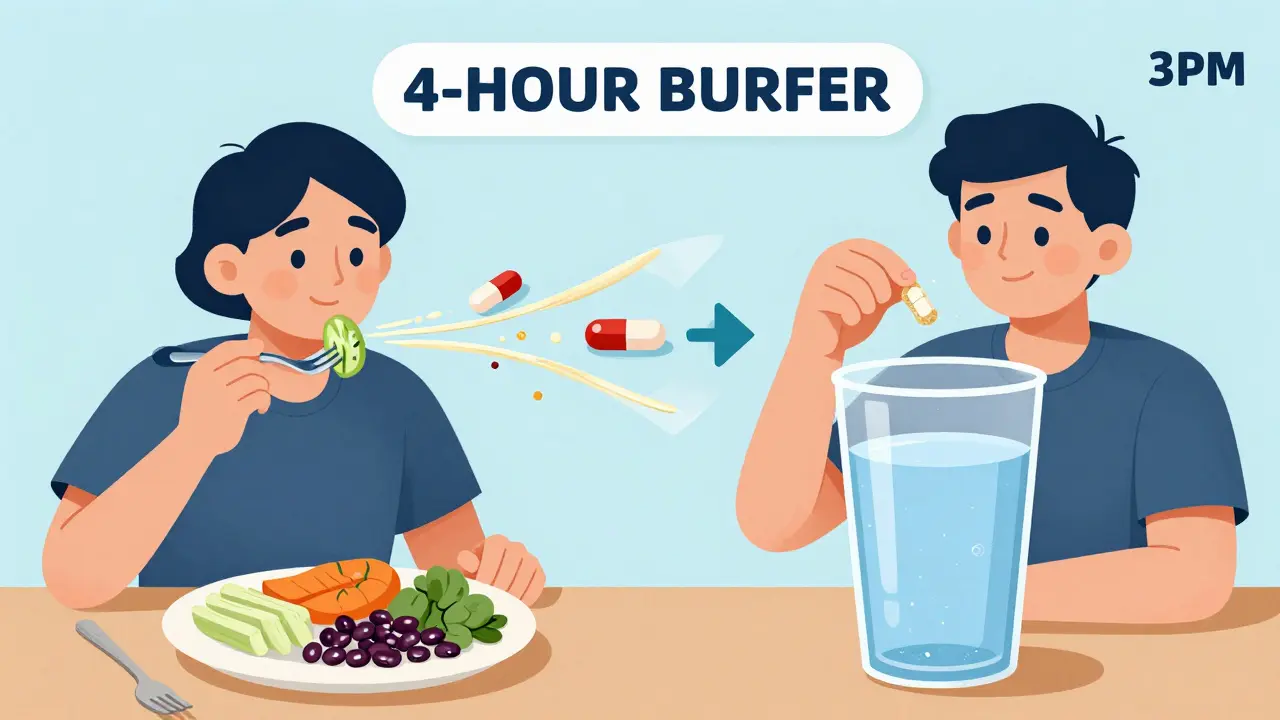 Person taking fiber supplement mid-afternoon, separated by time from meals and medications.