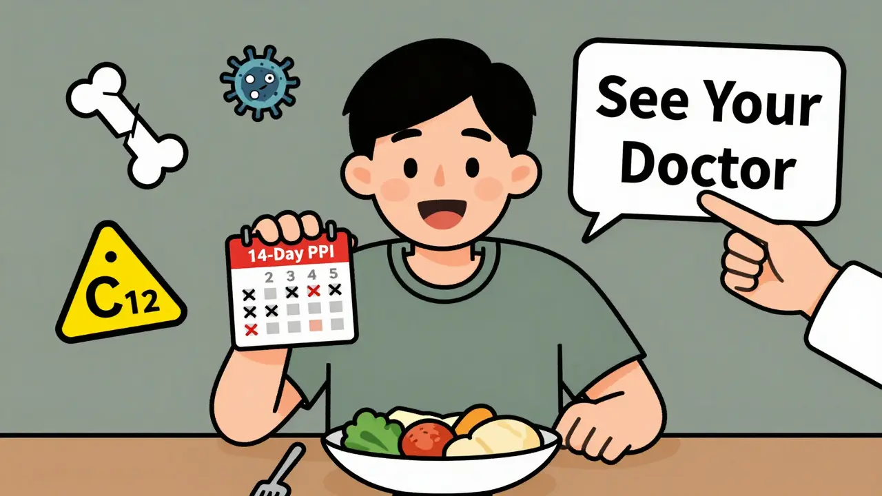 Person using PPIs with warning icons floating nearby, being advised by a doctor to seek medical help.