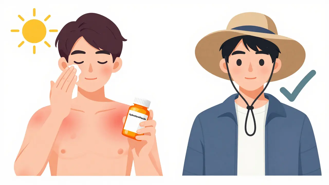 Person using sunscreen and protective clothing to prevent drug-induced sun rash.