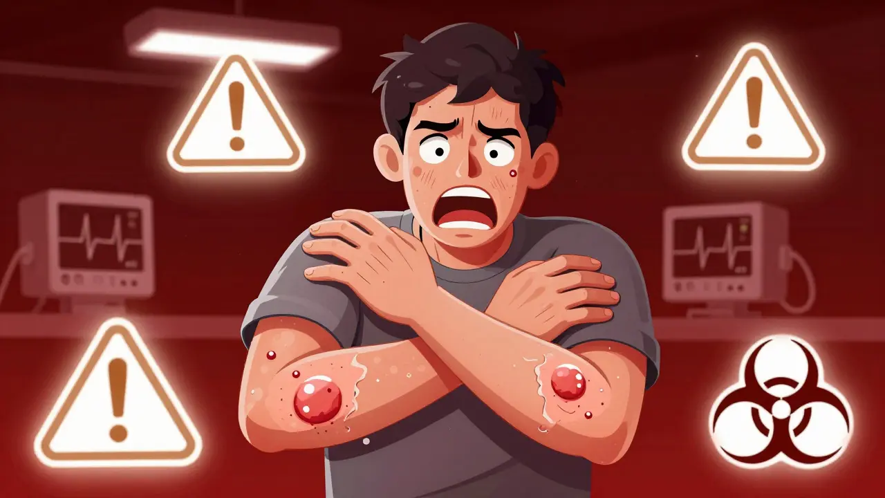 Person with blistering, peeling skin in medical emergency scene with warning symbols.