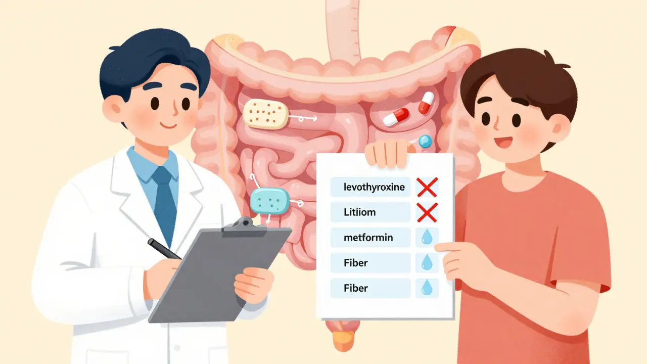 Pharmacist advising patient on safe timing of fiber supplements and medications.