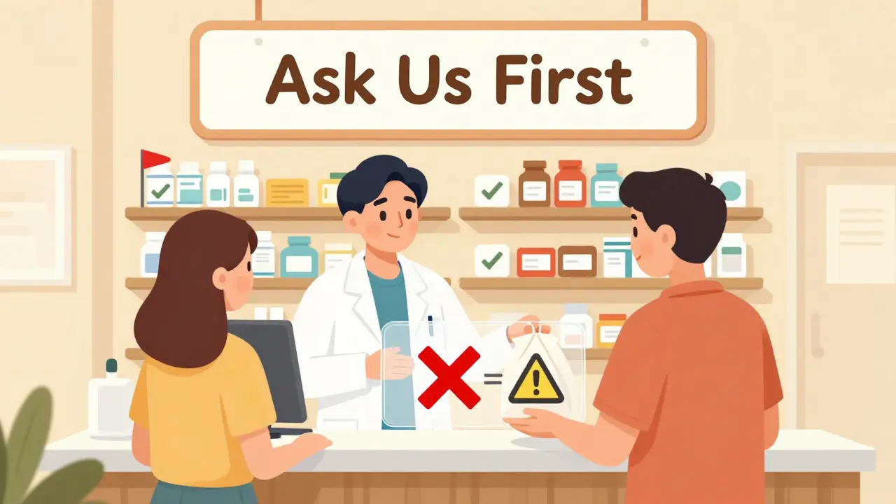 Pharmacist handing medicine to a customer with transparent drug interaction warnings floating in the air.