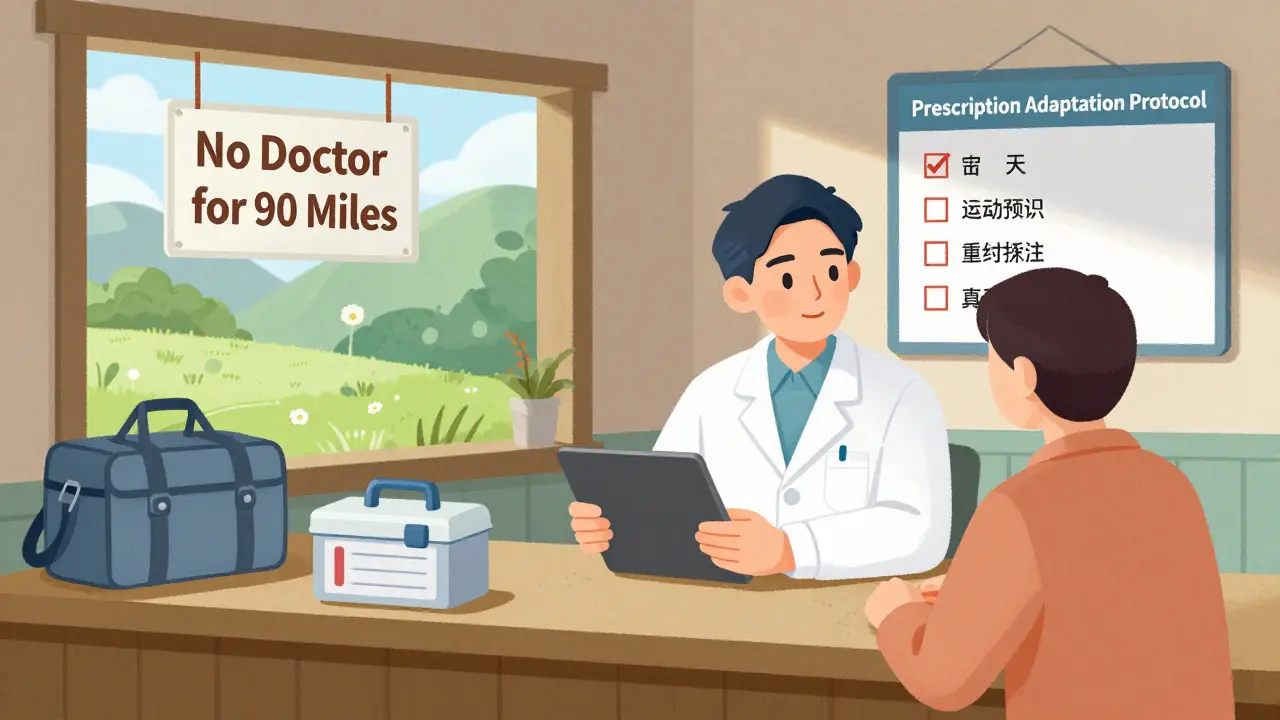 Rural pharmacist using tablet to adapt a prescription while clinic shows doctor shortage sign