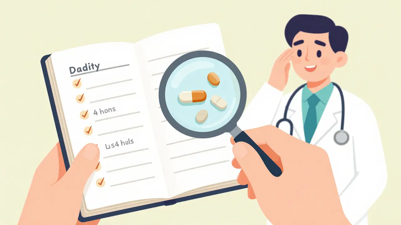 Someone journaling daily meds and symptoms with a pattern revealed by a magnifying glass.