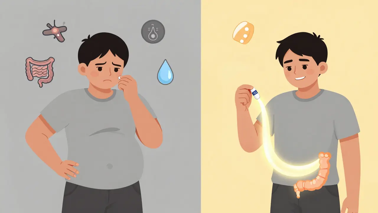 Split image: person struggling with fiber vs. relieved with osmotic laxative, symbolizing effective treatment.