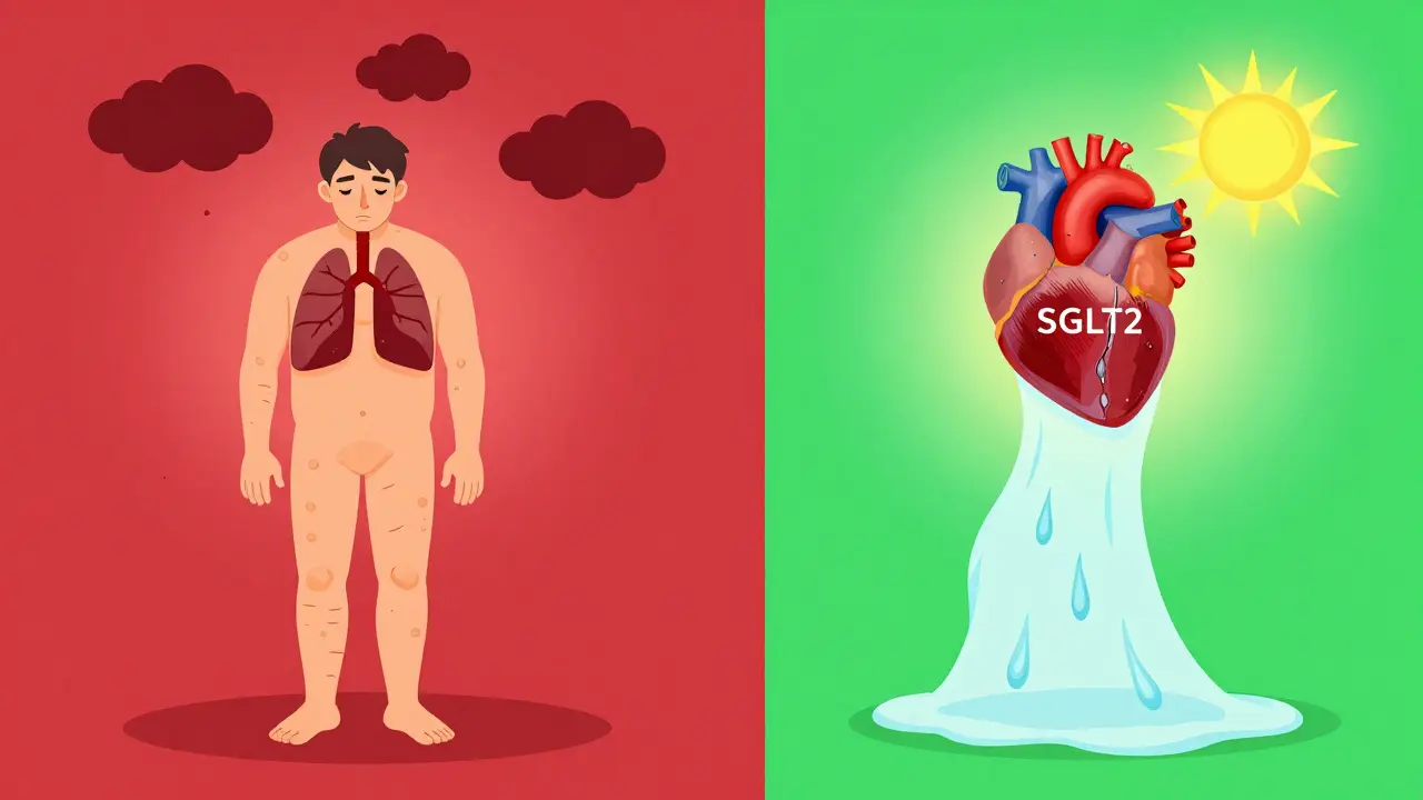 Split image showing patient's health improving after switching from TZDs to safer diabetes medication.