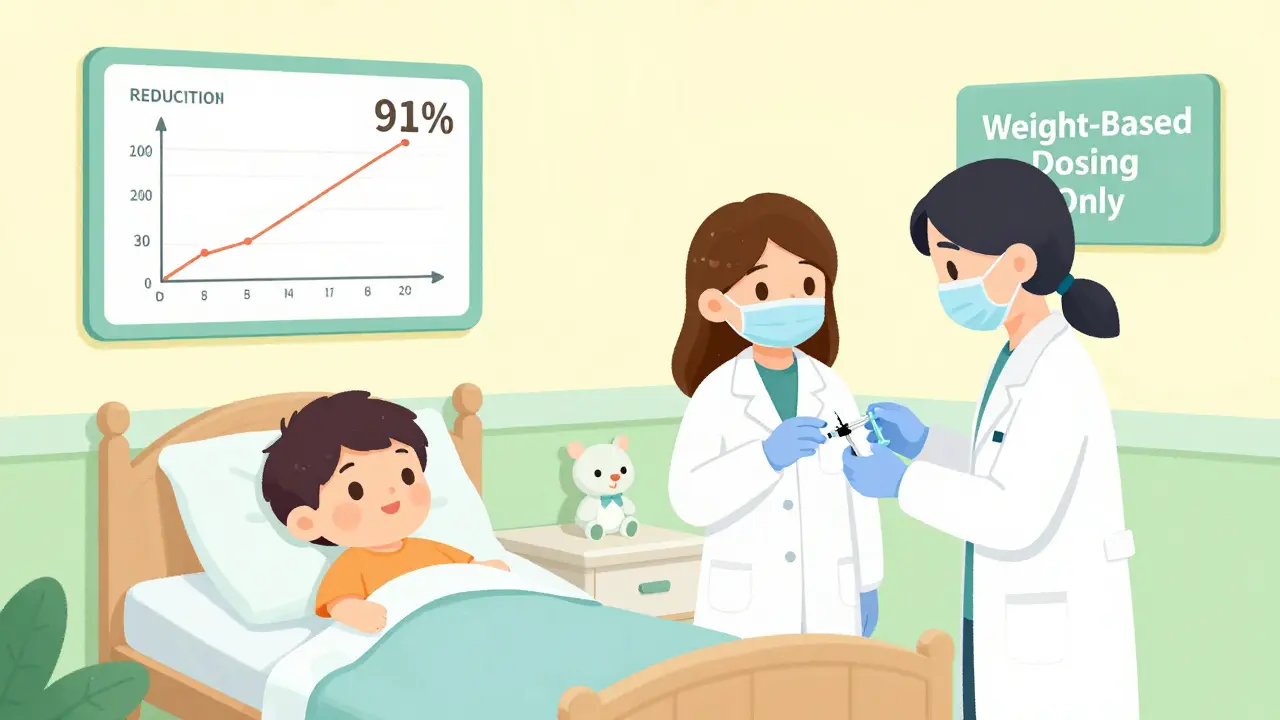 Two staff double-checking insulin syringe for child, weight-based dosing chart visible, child’s stuffed animal on bed.