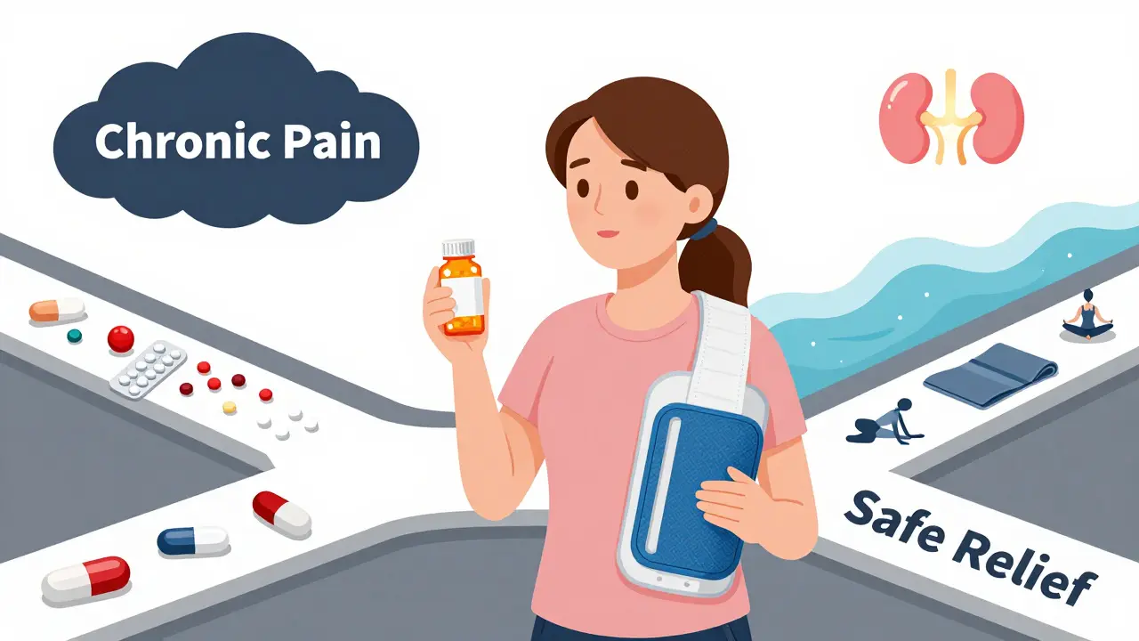 Woman choosing between pills and heat therapy at a crossroads, symbolizing safe pain relief options.