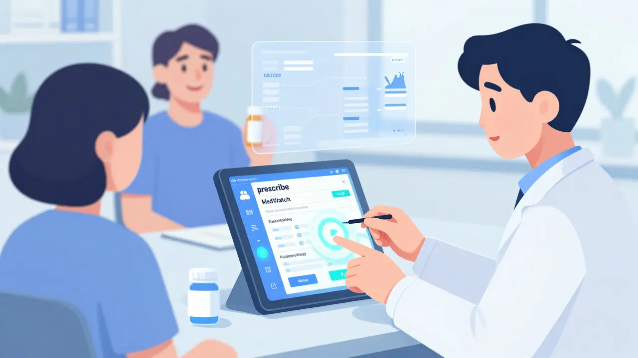 A doctor prescribes a generic drug as the system automatically sends manufacturer data to a safety reporting dashboard.